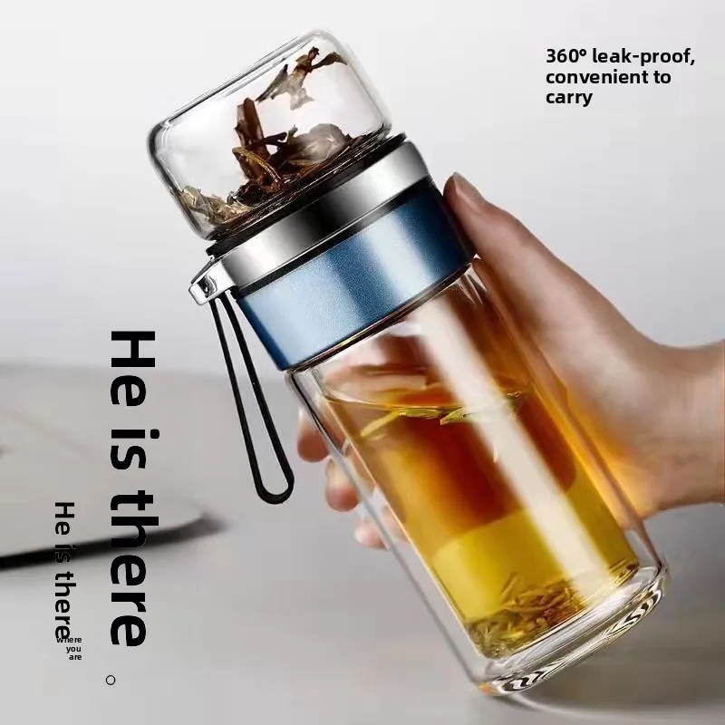 Portable Water Filter - 二重構造ガラス製茶水分離カップ 透明な茶葉用ウォーターフィルターカップ 男女兼用ポータブル折りたたみカップ