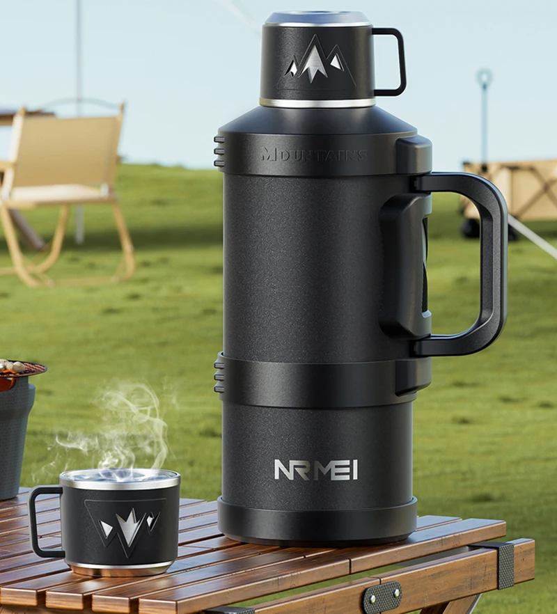 Vacuum Insulated Flask - 折りたたみハンドル付きステンレス製大容量魔法瓶、屋外用携帯真空フラスコ、断熱保温ボトル