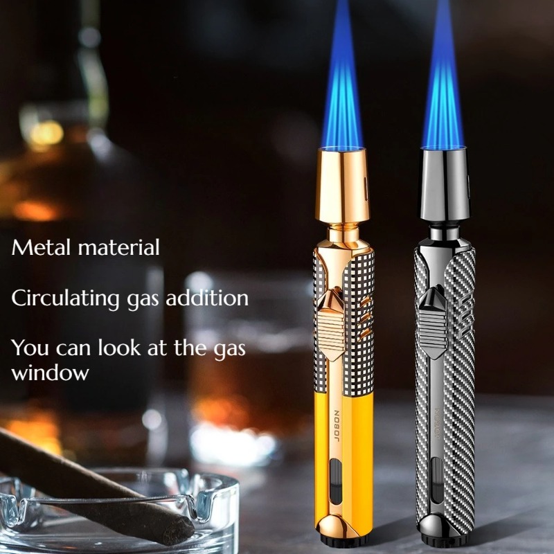 Outdoor Windproof Lighter - JOBONメタル3フレーム防風ジェットブルーフレームブタンガストーチライター可視ガス窓付き屋外BBQキッチンシガーライター