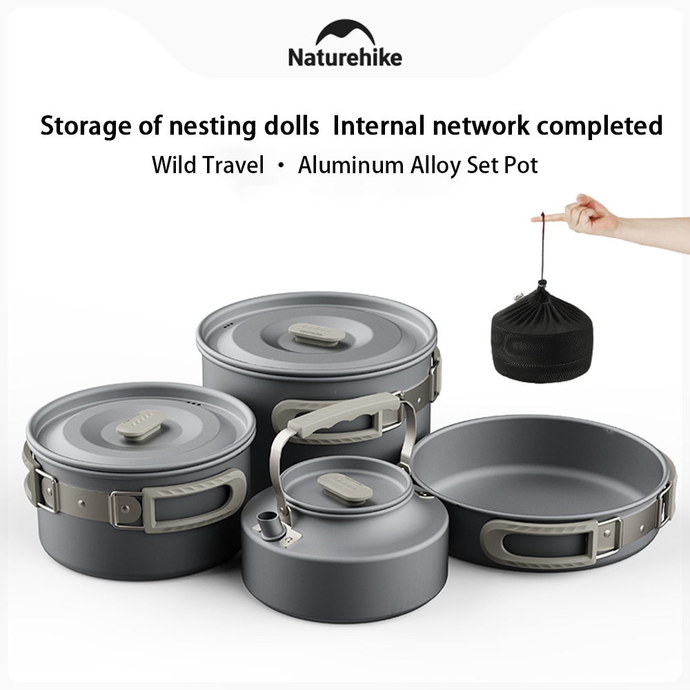 Outdoor Camping Cooking Equipment - Naturehike アウトドアポットセット、キャンプ調理器具、ポータブルステンレス鋼フライパンハンギングポット、ハイキングピクニック食器